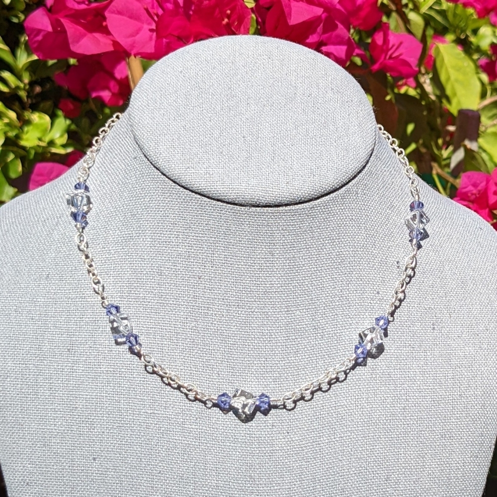 Sterling Silver Necklace with Clear Quartz & Purple Swarovski Crystals